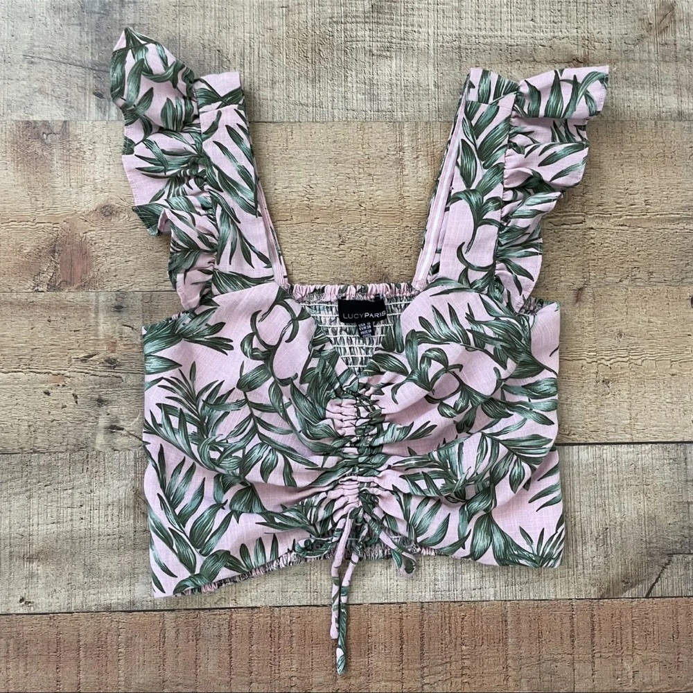Lucy Paris Tropical Palms Ruffle Crop Tank Top